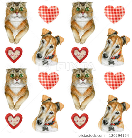 Hand-painted seamless pattern with realistic, detailed cat, dog portraits and cute red hearts on a white background. Perfect for pet products, vet clinics, packaging and animal-themed designs 120294134