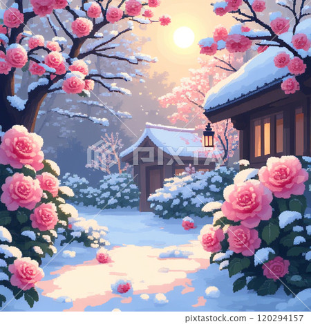 冬季花園中盛開的山茶花形成美麗對比 120294157