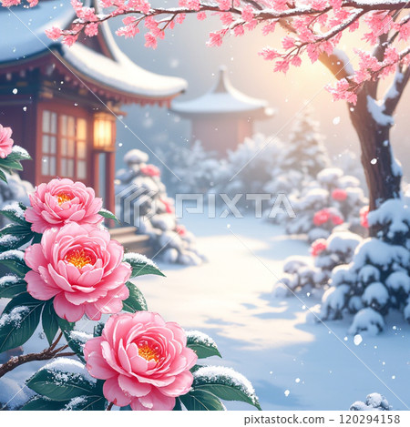 冬季花園中盛開的山茶花形成美麗對比 120294158