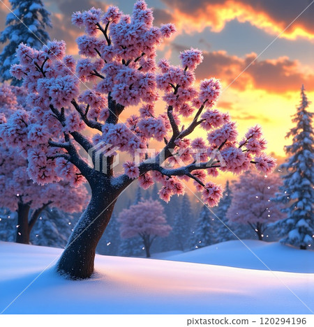 Frosty plum blossoms and a golden winter sunset 120294196
