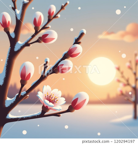 Frosty plum blossoms and a golden winter sunset 120294197