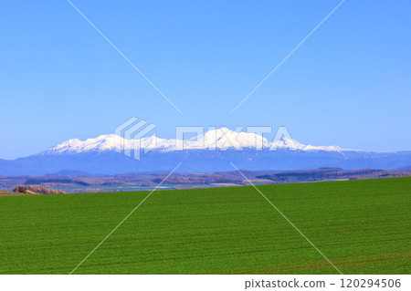 A typical autumn scene of Hokkaido with snow-capped Daisetsu Mountains and blue skies A typical autumn scene of Hokkaido with snow-capped Daisetsu Mountains and blue skies 120294506