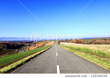 A typical Hokkaido road with blue skies and open views 120294509