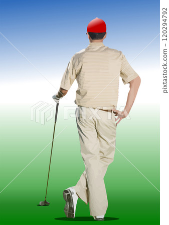 Golfer wearing red cap standing on green with golf club 120294792