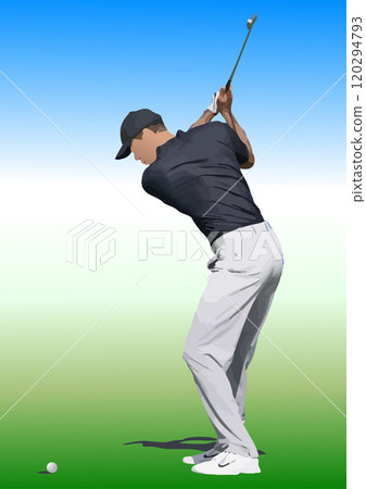 Golfer taking a swing on golf course illustration Golfer taking a swing on golf course illustration 120294793