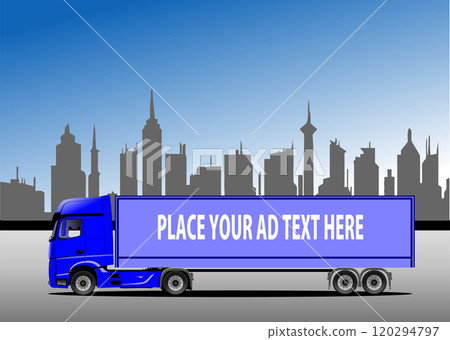Blue delivery truck passing through the city with space for advertising 120294797