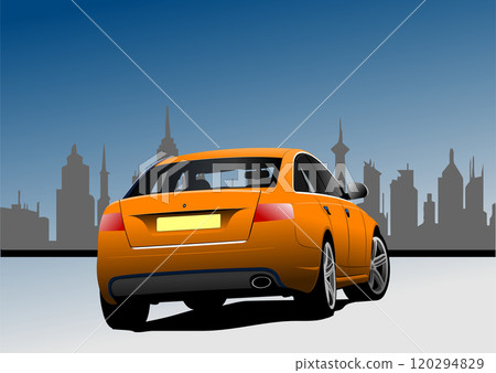 Orange car is parking on a city street at dusk 120294829