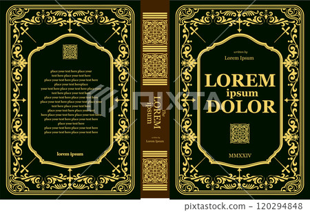 Elegant gold ornate cover design featuring a frame for title, author and publisher 120294848