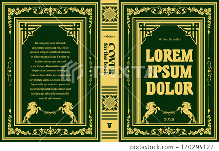 Vintage book cover design featuring golden horses and floral ornaments Vintage book cover design featuring golden horses and floral ornaments 120295122