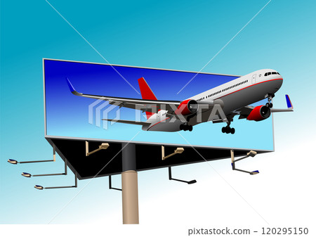 Passenger airplane taking off from billboard with blue sky background 120295150