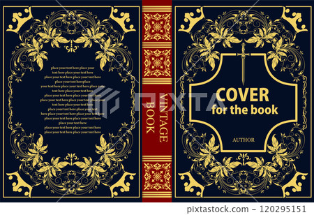 Vintage book cover design featuring gold foil floral ornaments and a sword 120295151