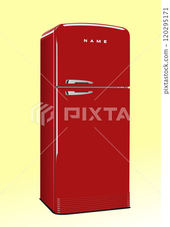 Red retro fridge standing on a yellow background, a vintage kitchen applianc 120295171