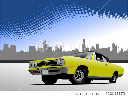 Yellow american muscle car is driving in the city Yellow american muscle car is driving in the city 120295173