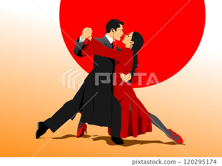 Elegant couple dancing tango in front of red sun 120295174