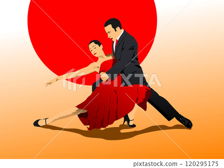 Professional dancers performing tango in front of red circle Professional dancers performing tango in front of red circle 120295175
