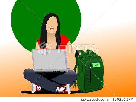 Young woman student sitting using laptop computer with backpack Young woman student sitting using laptop computer with backpack 120295177