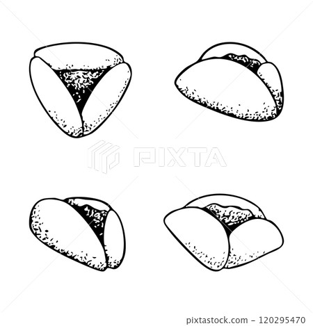 Purim Hamantaschen cookies black and white vector illustration. Traditional Jewish triangle cookies Oznei Haman for holiday party. Hand drawn ink sketch 120295470