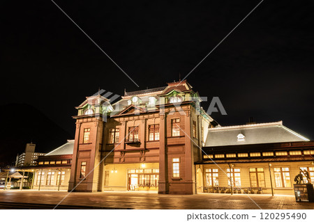 Beautifully illuminated night view of JR Mojiko Station in Kitakyushu, Fukuoka Prefecture 120295490