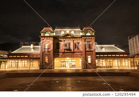Beautifully illuminated night view of JR Mojiko Station in Kitakyushu, Fukuoka Prefecture 120295494