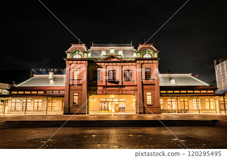 Beautifully illuminated night view of JR Mojiko Station in Kitakyushu, Fukuoka Prefecture 120295495