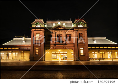 Beautifully illuminated night view of JR Mojiko Station in Kitakyushu, Fukuoka Prefecture 120295496