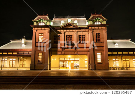 Beautifully illuminated night view of JR Mojiko Station in Kitakyushu, Fukuoka Prefecture 120295497