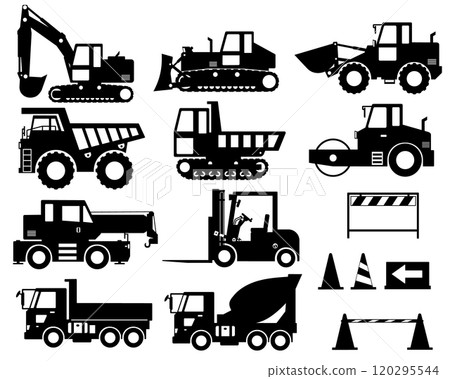 [Revised version] Heavy machinery, construction machinery, working vehicles, black and white silhouettes 120295544