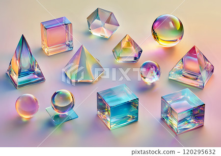 Ethereal Translucent Holographic Prisms Floating in a Soft Gradient Background 120295632