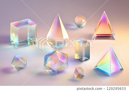 Collection of Ethereal Prisms with Holographic Sheen Floating in a Soft Background Collection of Ethereal Prisms with Holographic Sheen Floating in a Soft Background 120295633