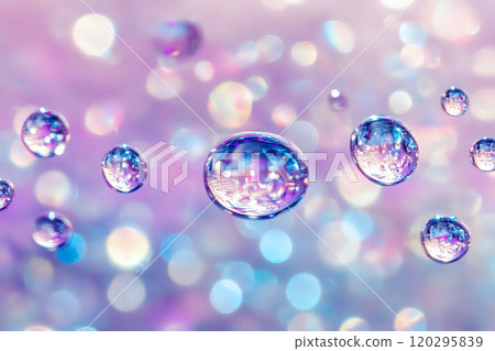 Ethereal Iridescent Droplets with Glossy Sheen Suspended in Zero Gravity and Soft Background 120295839