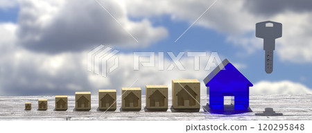 Mortgage concept. Wooden house model with copyspace and key. 3d rendering Mortgage concept. Wooden house model with copyspace and key. 3d rendering 120295848