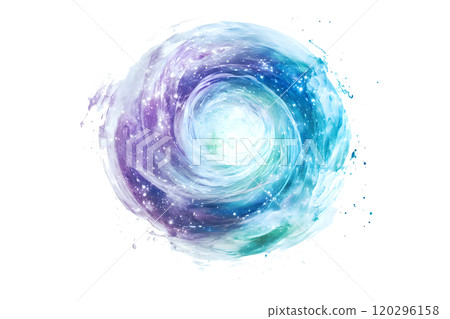 Circular Galaxy with Dynamic Swirls of Purple Blue and Green Colors on Transparent Background 120296158