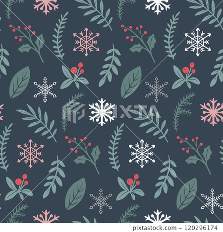 Vector Christmas seamless pattern with hand drawn winter plants,, snowflakes. Vector endless background of new year symbols in modern graphic style 120296174