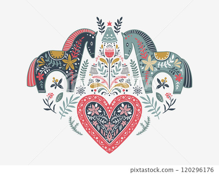 Vector Christmas composition with hand drawn holiday elements, snowflakes. Scandinavian folk ornament. 120296176