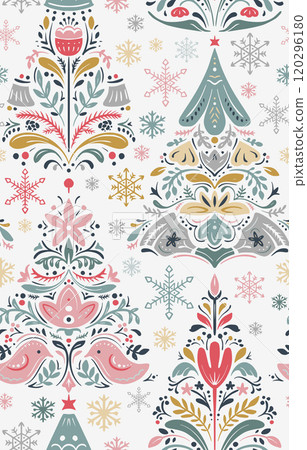 Vector Christmas seamless pattern with hand drawn Scandinavian folk ornament, Christmas trees, decorations. Vector endless background of new year symbols in modern graphic style Vector Christmas seamless pattern with hand drawn Scandinavian folk ornament, Christmas trees, decorations. Vector endless background of new year symbols in modern graphic style 120296180