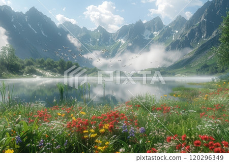 A Stunningly Beautiful Mountain Lake Surrounded by Colorful, Vibrant Wildflowers 120296349