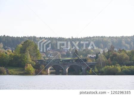 Germany, near Dresden, narrow-gauge steam locomotive of the Weisselitz Valley Railway, Malter Station, stone arch bridge 120296385