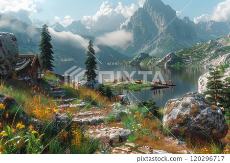 Explore a stunning mountain lake landscape with vibrant wildflowers blooming by its shores 120296717