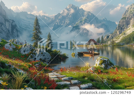 A serene mountain lake with a charming cabin and colorful wildflowers, an idyllic nature escape A serene mountain lake with a charming cabin and colorful wildflowers, an idyllic nature escape 120296749