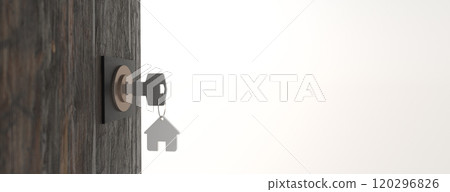 House model and key in house door. Real estate agent offer house, property insurance and security, affordable housing concepts. Copyspace on white background. 3d rendering 120296826