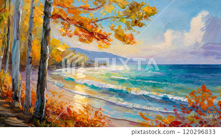 Autumn Beach Landscape Painting - Generative AI 120296833