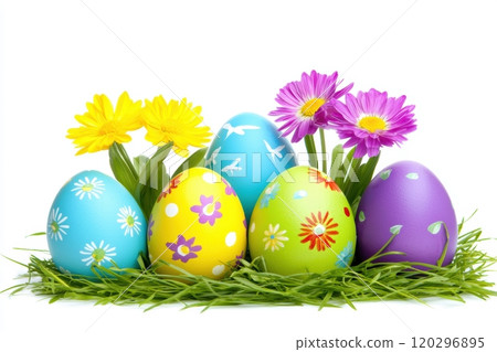 Colorful Easter Eggs Decorated with Beautiful Flowers Nestled in the Fresh Green Grass 120296895