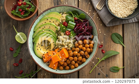 vegan salad with quinoa, vegetables vegan salad with quinoa, vegetables 120297075