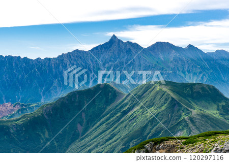 從雙六山的圓山看到的矢鹿岳、北阿爾卑斯 雙六山、三俁山蓮華登山 120297116