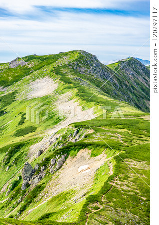 從北阿爾卑斯雙六山的圓山看到的雙六山 雙六山、三俁山蓮華登山 從北阿爾卑斯雙六山的圓山看到的雙六山 雙六山、三俁山蓮華登山 120297117