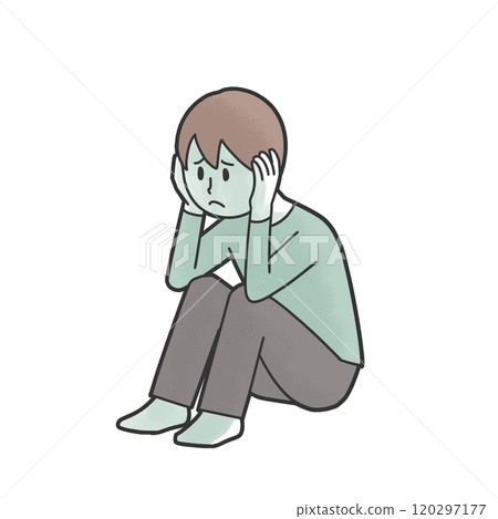 男孩摀著耳朵坐著 120297177