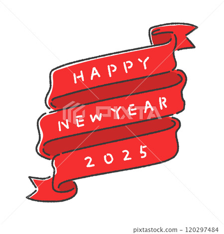 新年賀卡材料,手寫2025新年快樂字母和絲帶 — 時尚的問候 新年賀卡材料,手寫2025新年快樂字母和絲帶 — 時尚的問候 120297484