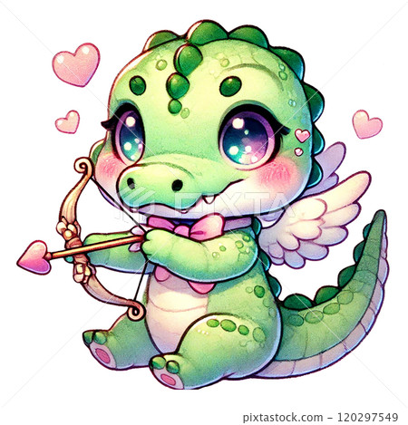 Adorable green dragon with wings shooting love arrows. Valentine animal cartoon. 120297549