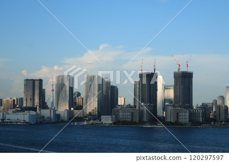 Summer clouds over Tokyo Bay and buildings seen from Rainbow Bridge Summer clouds over Tokyo Bay and buildings seen from Rainbow Bridge 120297597