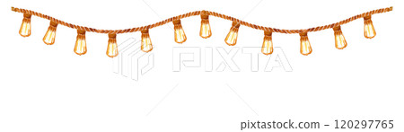 Outdoor string lights, jute rope stretched for hanging seamless border isolated on white. Hand painted in watercolor. Natural high quality string for eco design, labels, interior decor, cards, banner Outdoor string lights, jute rope stretched for hanging seamless border isolated on white. Hand painted in watercolor. Natural high quality string for eco design, labels, interior decor, cards, banner 120297765